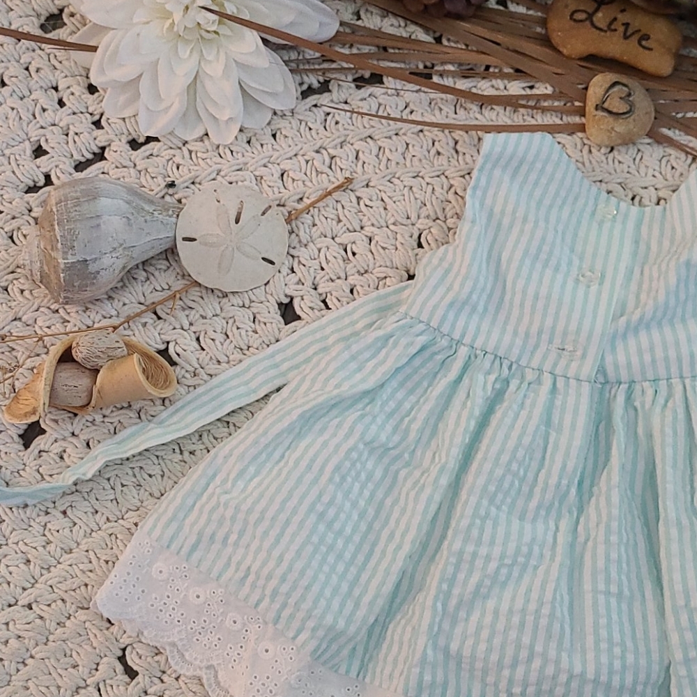 SUMMER BEAUTIFUL TEAL WHITE LACE  STRIPED  DRESS - Picture 15 of 16